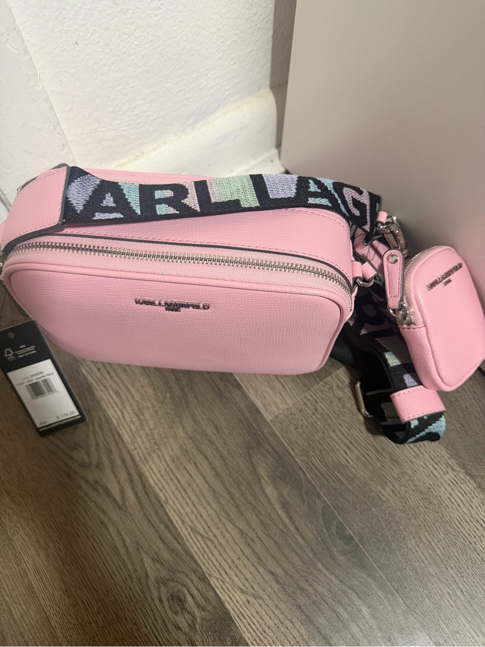 Karl Lagerfeld Pink Leather Crossbody with Logo Webbing Strap and Mini Pouch